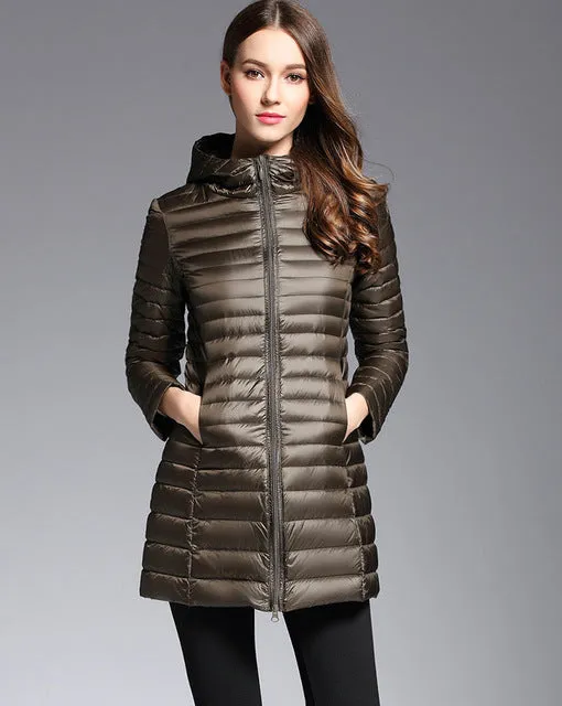 2017 Woman Spring Padded Hooded Long Jacket White Duck Down Female Overcoat Ultra Light Slim Solid Jackets Coat Portable Parkas