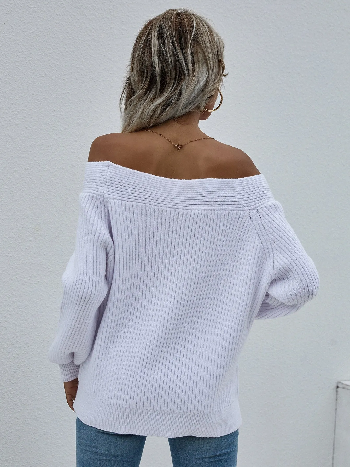 Casual Plain Rib-Knit Long Sleeve Off The Shoulder Regular Women Sweater