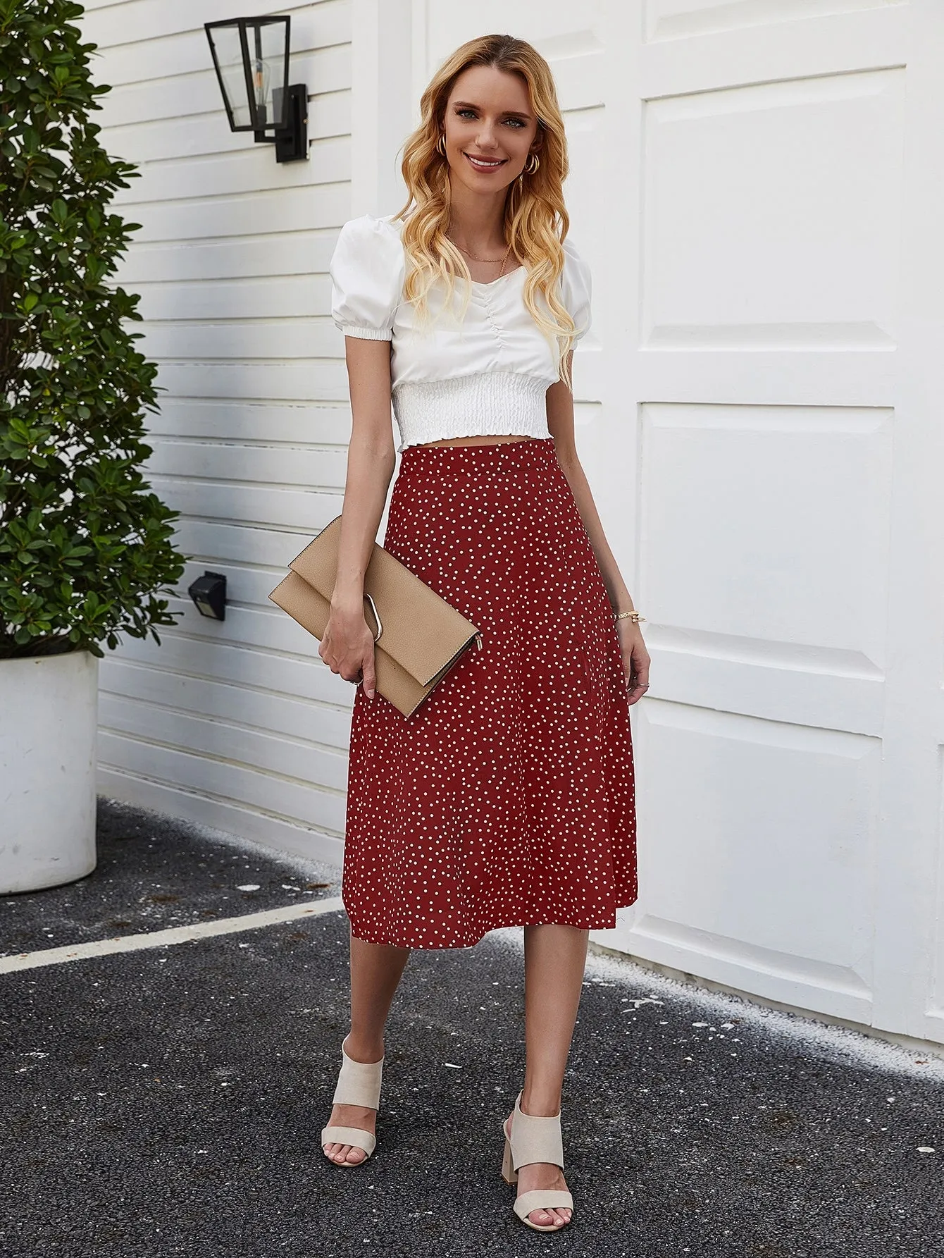 Casual Polka Dot Split Thigh High Waist Midi Women Skirt