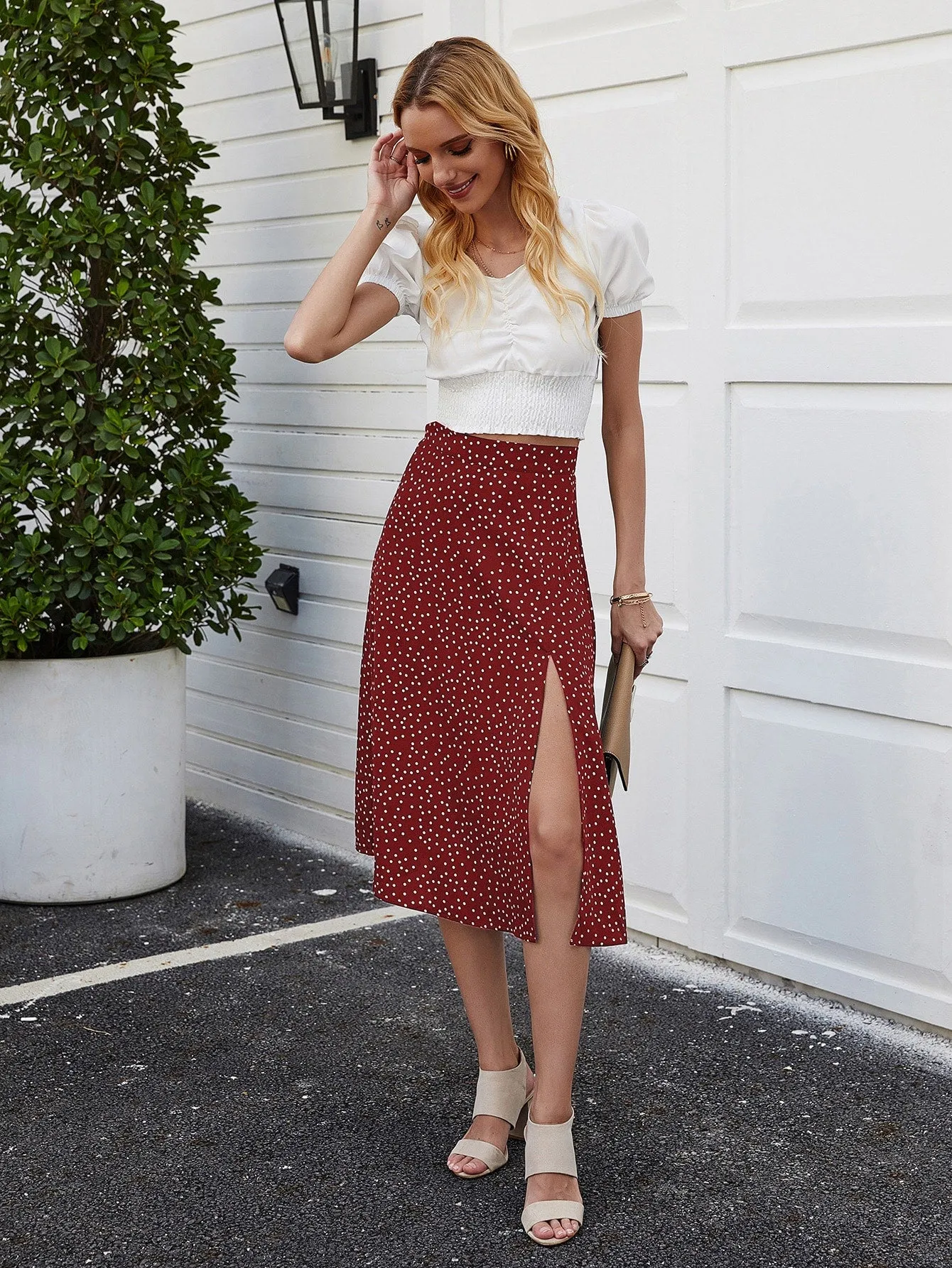 Casual Polka Dot Split Thigh High Waist Midi Women Skirt