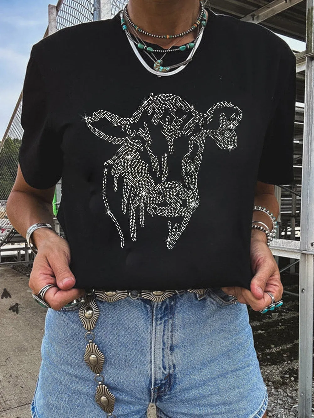 Casual Rhinestone Cow Tee