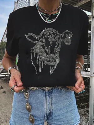 Casual Rhinestone Cow Tee