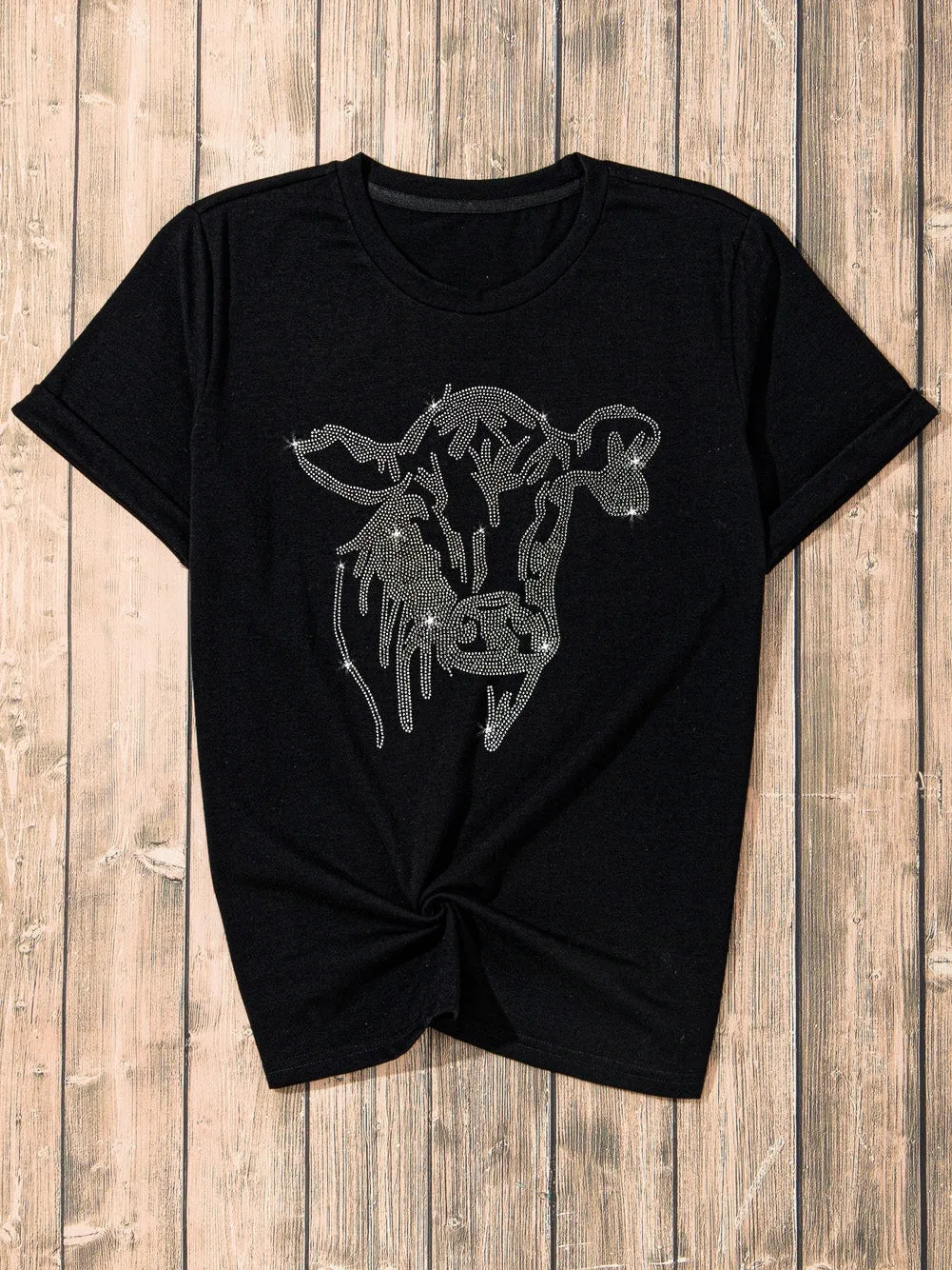 Casual Rhinestone Cow Tee