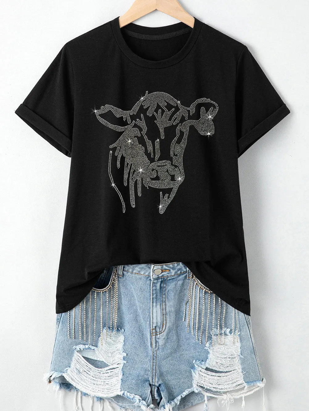 Casual Rhinestone Cow Tee