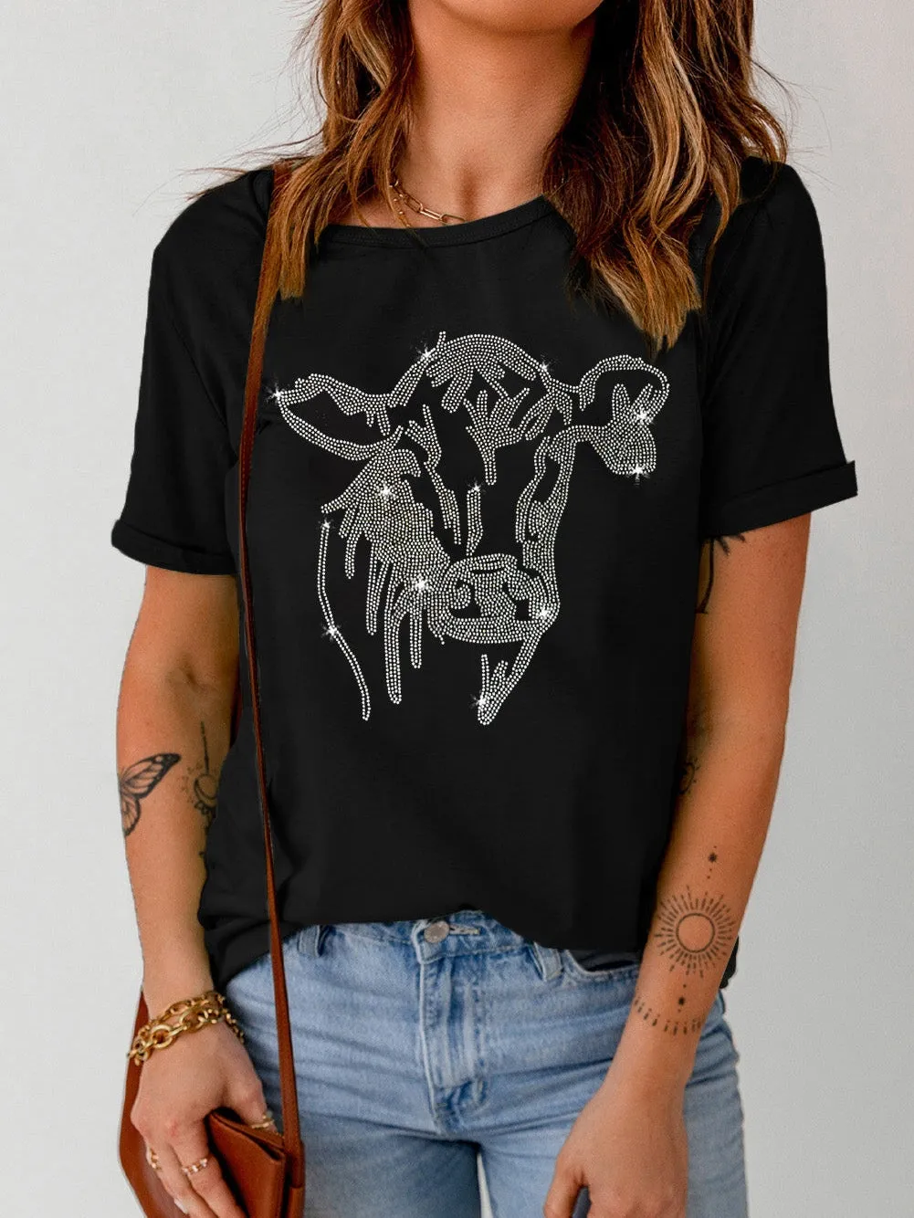 Casual Rhinestone Cow Tee