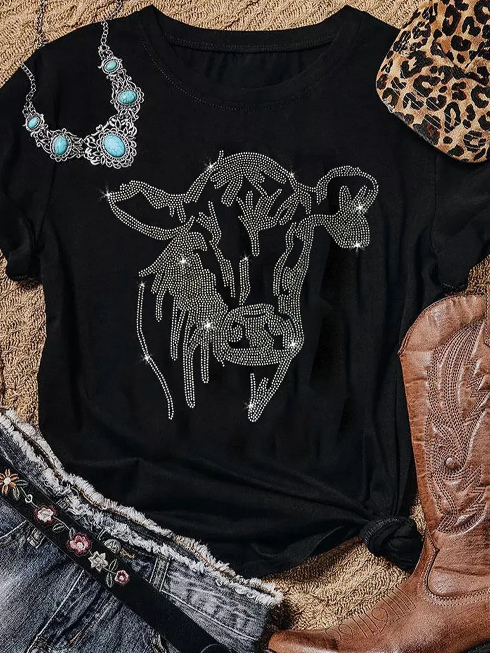 Casual Rhinestone Cow Tee