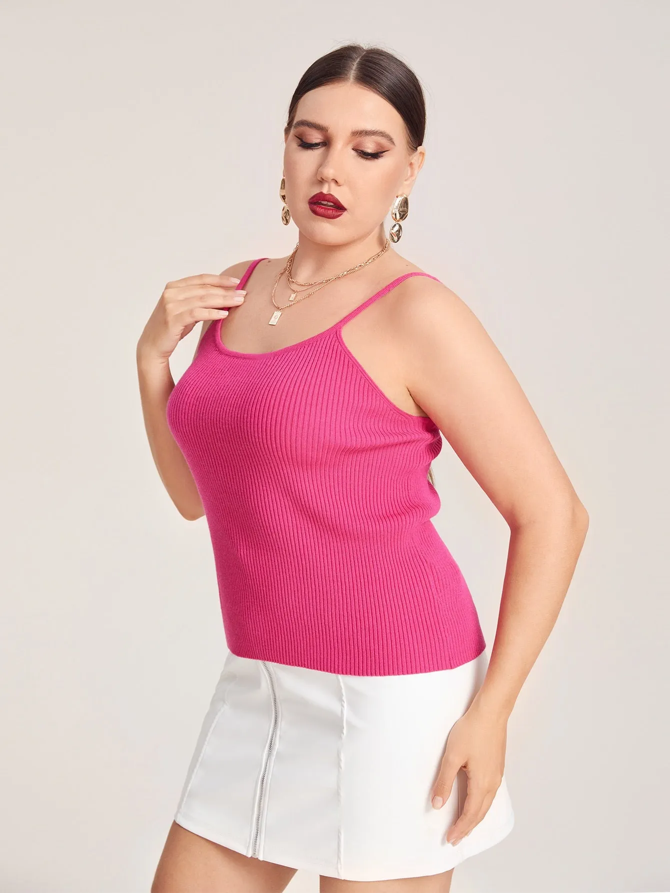 Elegant Plain Rib-Knit Sleeveless Spaghetti Strap Regular Plus Size Knit Top