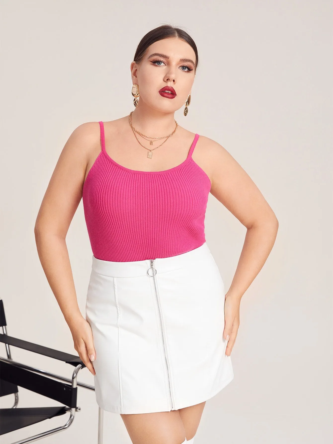 Elegant Plain Rib-Knit Sleeveless Spaghetti Strap Regular Plus Size Knit Top