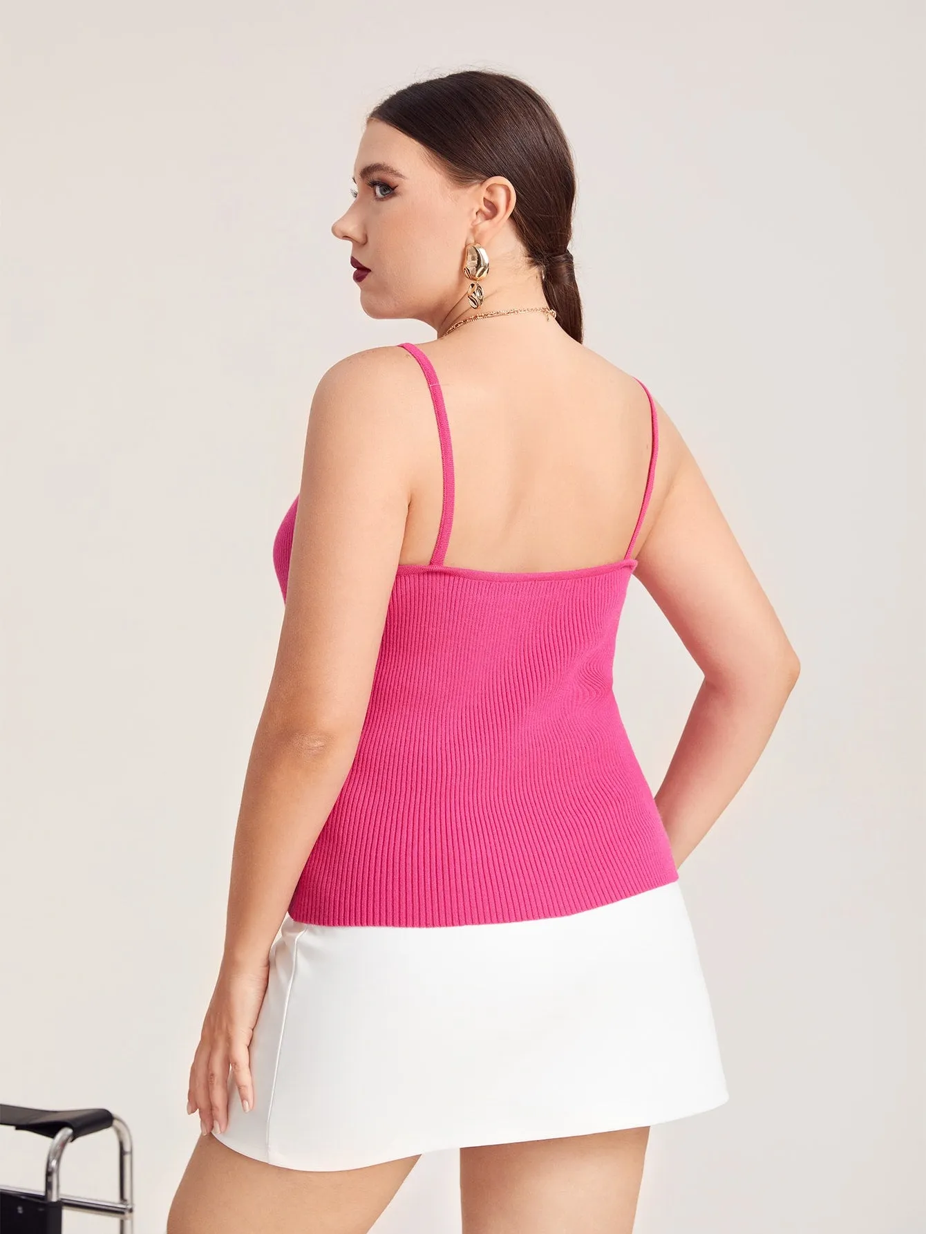 Elegant Plain Rib-Knit Sleeveless Spaghetti Strap Regular Plus Size Knit Top