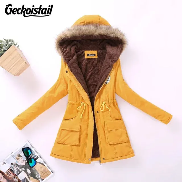 Geckoistail Parkas Women Coats Fashion Autumn Warm Winter Jackets Women Fur Collar Long Plus Size Hoodies Casual Cotton Outwear