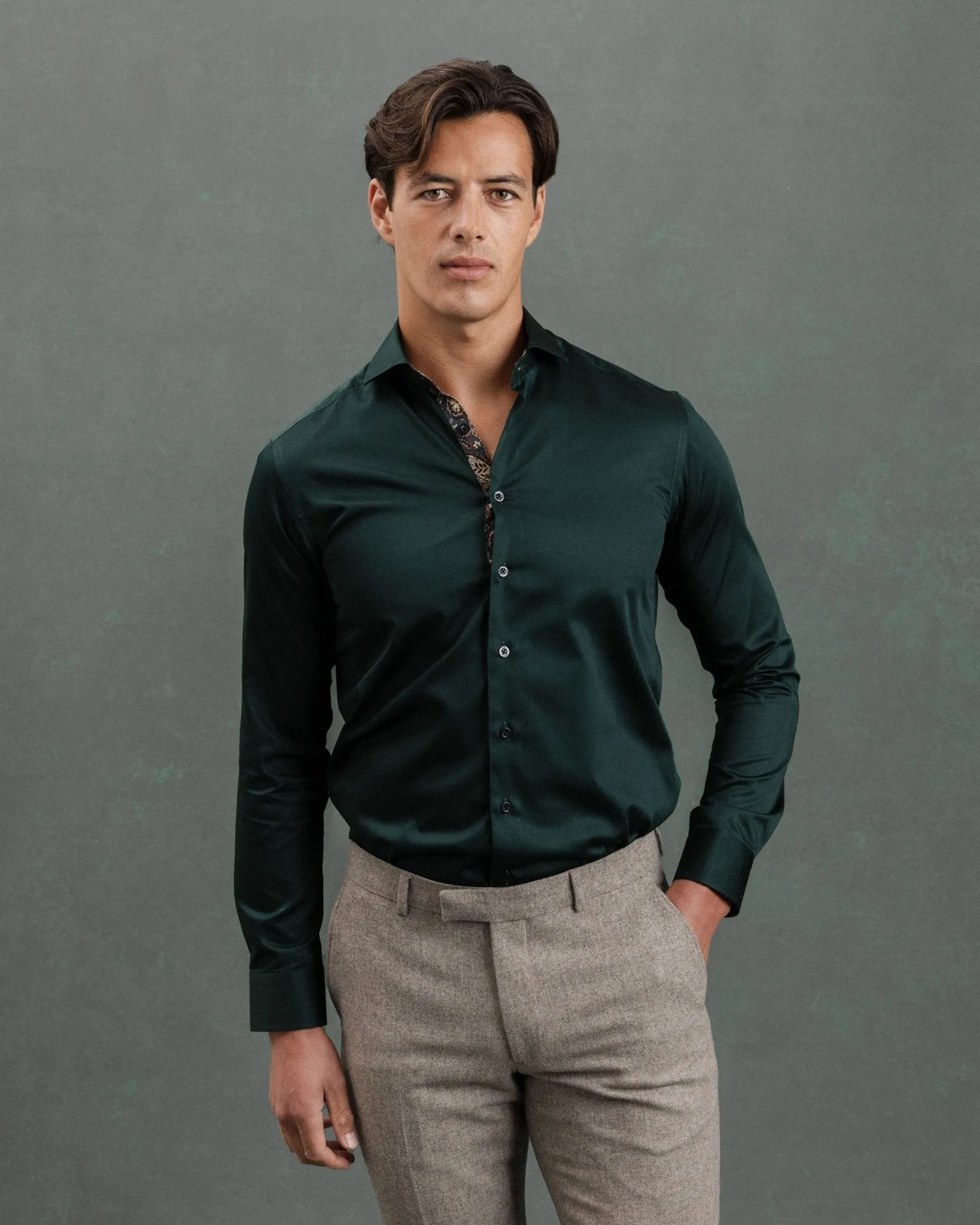 Green Sateen Shirt with Paisley Accents