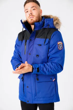Haakon Colour Block Utility Parka Coat with Faux Fur Lined Hood in Sodalite Blue - Tokyo Laundry