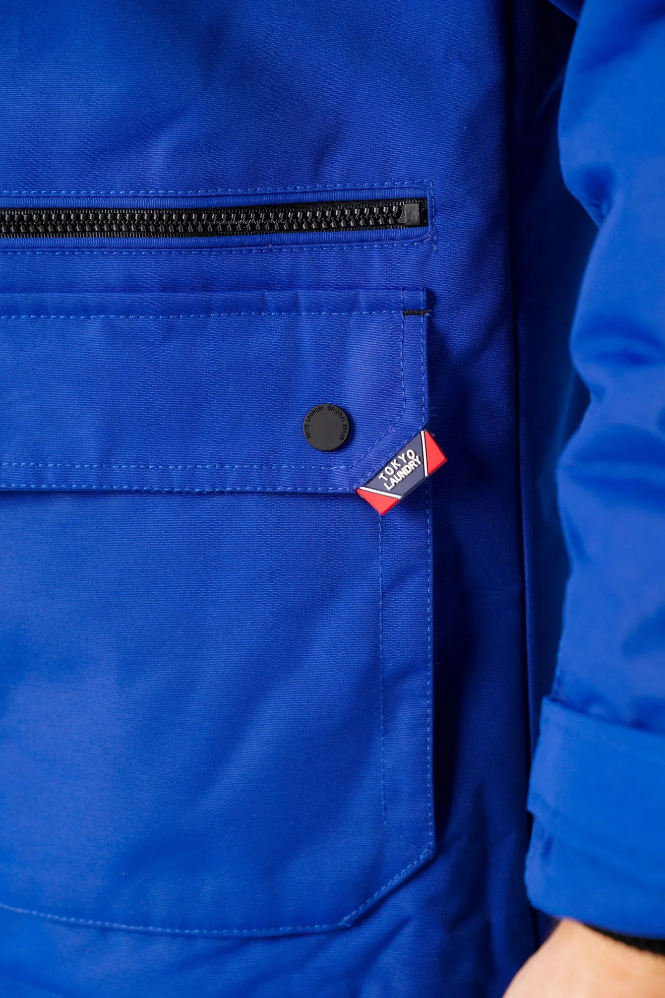 Haakon Colour Block Utility Parka Coat with Faux Fur Lined Hood in Sodalite Blue - Tokyo Laundry