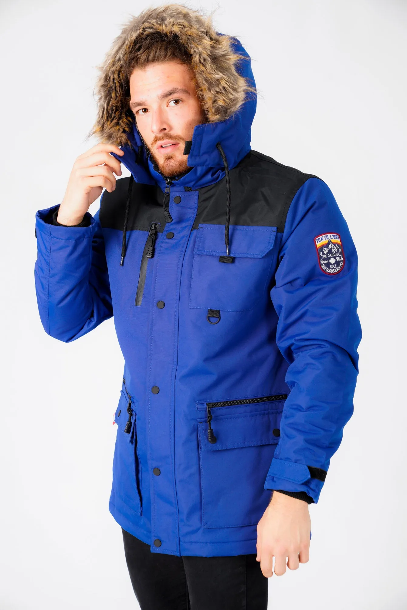 Haakon Colour Block Utility Parka Coat with Faux Fur Lined Hood in Sodalite Blue - Tokyo Laundry