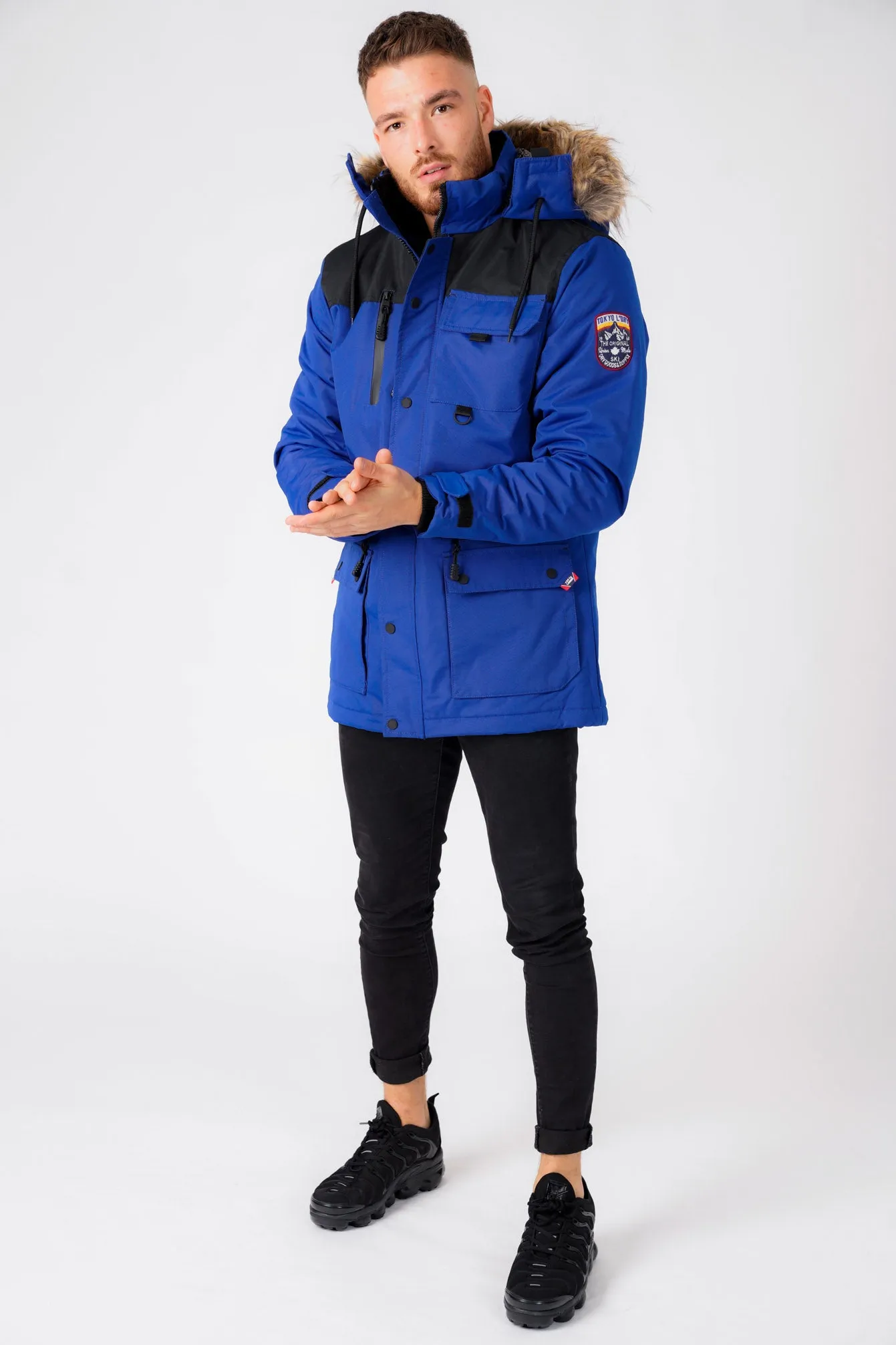 Haakon Colour Block Utility Parka Coat with Faux Fur Lined Hood in Sodalite Blue - Tokyo Laundry