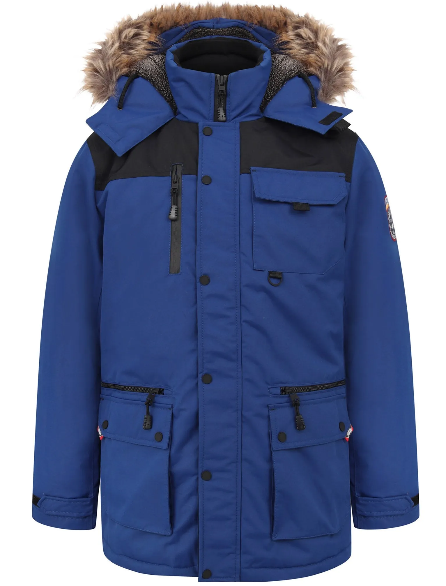 Haakon Colour Block Utility Parka Coat with Faux Fur Lined Hood in Sodalite Blue - Tokyo Laundry