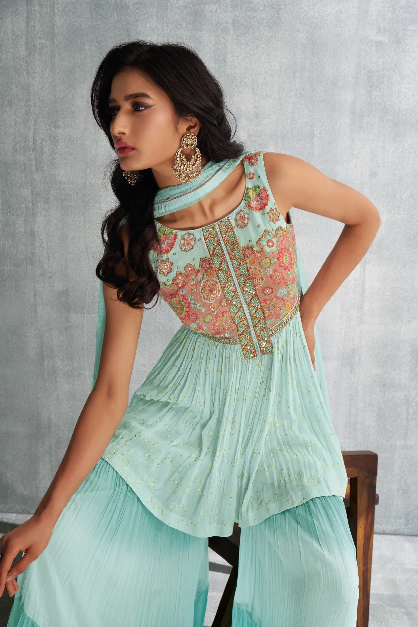 LIGHT BLUE THREE PIECE GHARARA SUIT SET