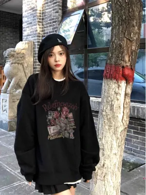 Metaversmall Black O-neck Loose Office Lady Hoodies Spell Color Pullovers Loose Fashion Female Sweatshirt Basic Chic Women's Hoodies