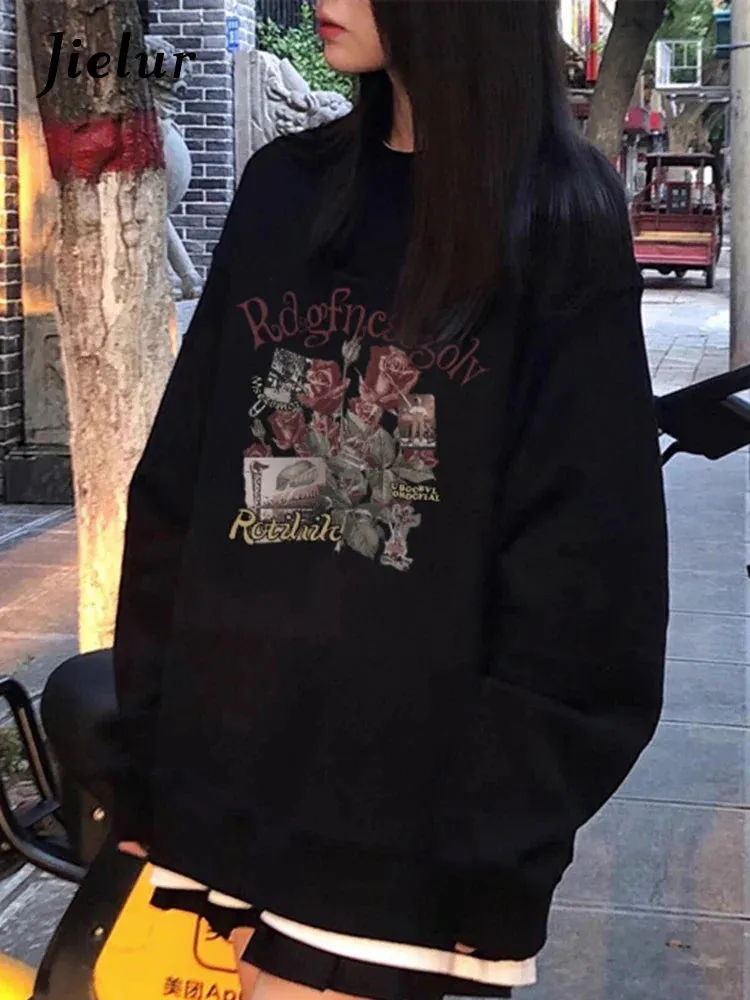 Metaversmall Black O-neck Loose Office Lady Hoodies Spell Color Pullovers Loose Fashion Female Sweatshirt Basic Chic Women's Hoodies