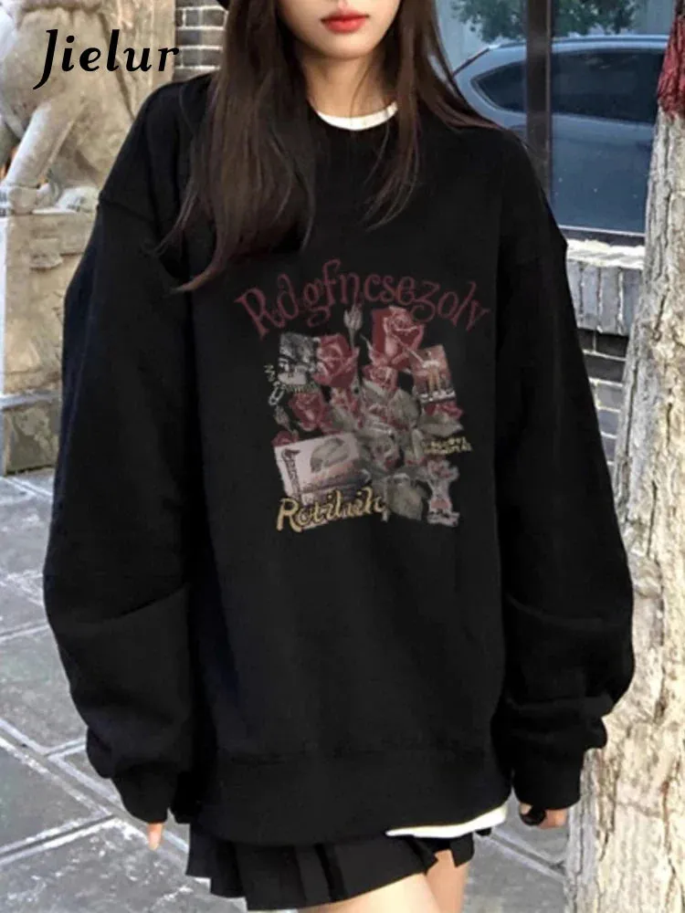Metaversmall Black O-neck Loose Office Lady Hoodies Spell Color Pullovers Loose Fashion Female Sweatshirt Basic Chic Women's Hoodies