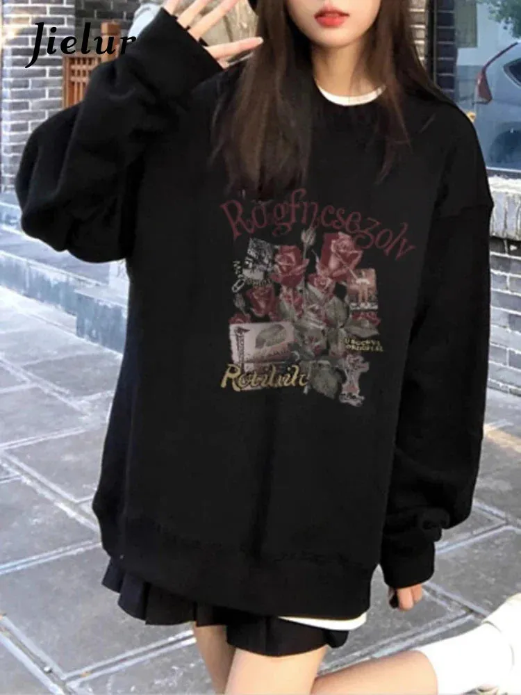 Metaversmall Black O-neck Loose Office Lady Hoodies Spell Color Pullovers Loose Fashion Female Sweatshirt Basic Chic Women's Hoodies