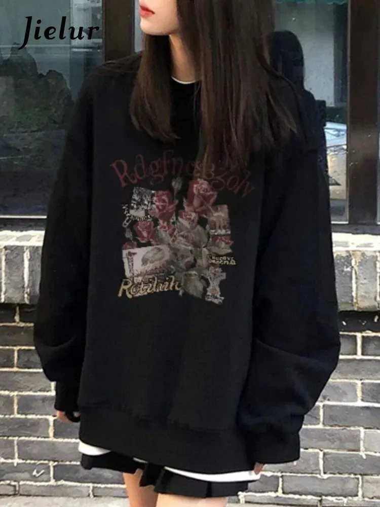 Metaversmall Black O-neck Loose Office Lady Hoodies Spell Color Pullovers Loose Fashion Female Sweatshirt Basic Chic Women's Hoodies