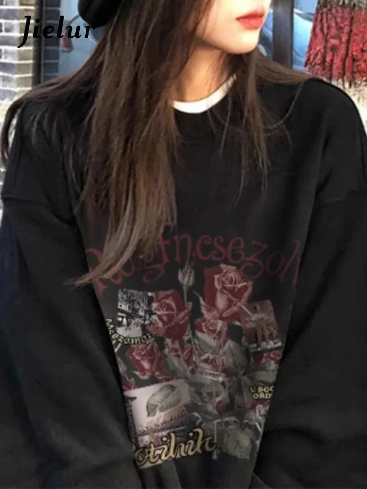 Metaversmall Black O-neck Loose Office Lady Hoodies Spell Color Pullovers Loose Fashion Female Sweatshirt Basic Chic Women's Hoodies