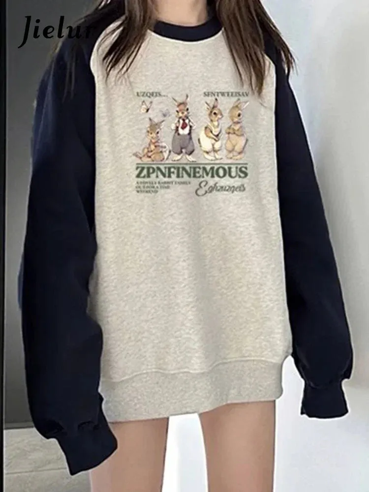 Metaversmall Casual Spell Color Simple Female Sweatshirt O-neck Pullovers Chic Printed Fashion Office Lady Basic Loose Women‘s Hoodies