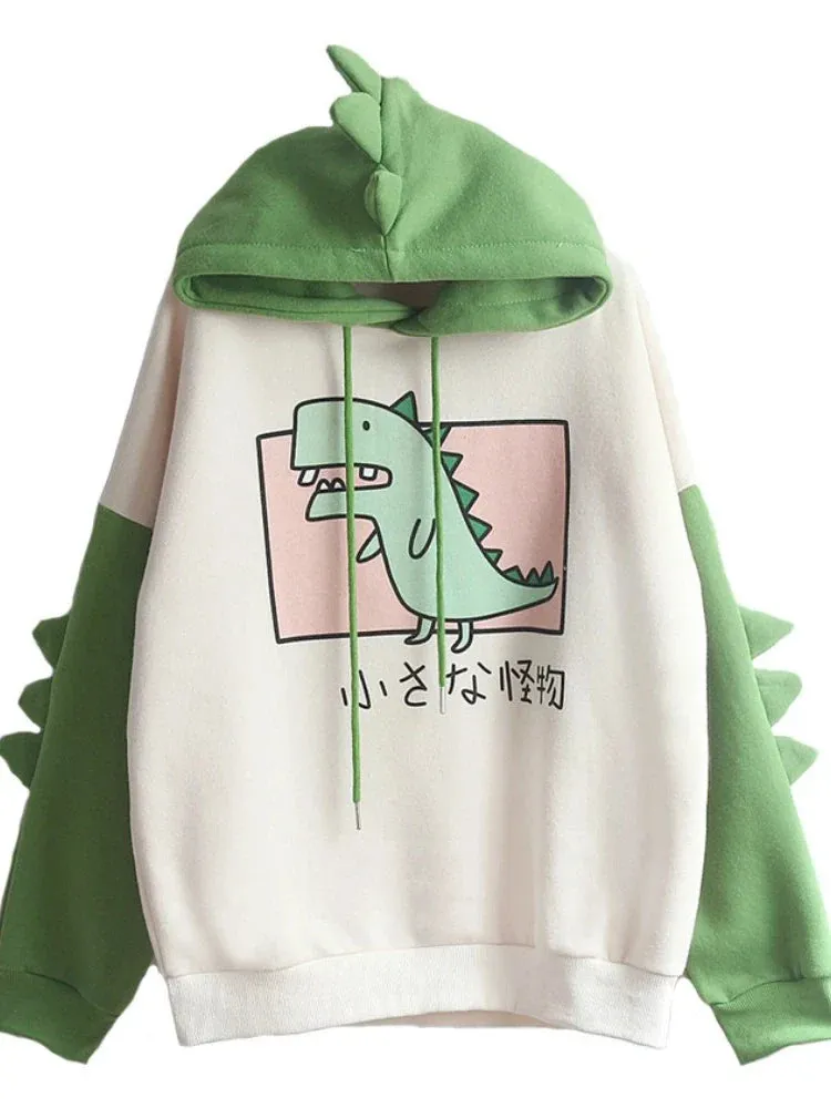 Metaversmall Women Dinosaur Sweatshirts Hooded Warm Fleece Hoodies Pullovers With Horns Harajuku  Girls Teens Green Hoodie