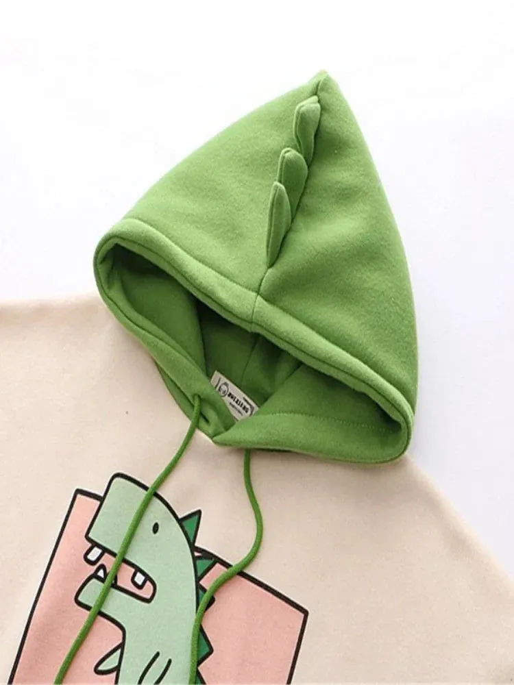 Metaversmall Women Dinosaur Sweatshirts Hooded Warm Fleece Hoodies Pullovers With Horns Harajuku  Girls Teens Green Hoodie