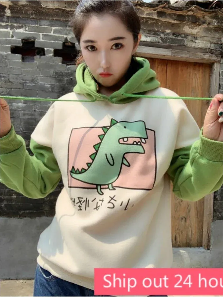 Metaversmall Women Dinosaur Sweatshirts Hooded Warm Fleece Hoodies Pullovers With Horns Harajuku  Girls Teens Green Hoodie