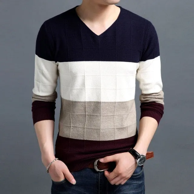 New Men Pullover Fashion V Neck Spring Autumn Slim Fit  Knit Patchwork Striped Sweater