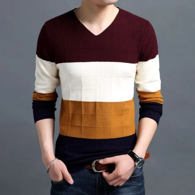 New Men Pullover Fashion V Neck Spring Autumn Slim Fit  Knit Patchwork Striped Sweater
