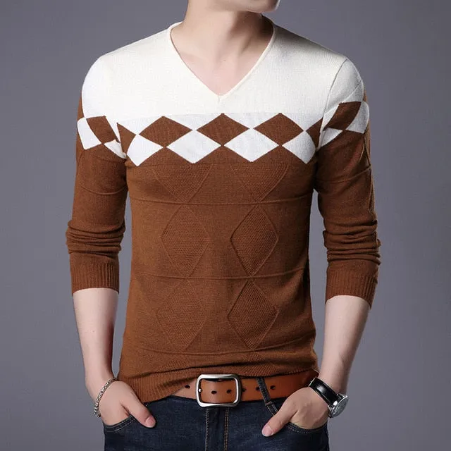 New Men Pullover Fashion V Neck Spring Autumn Slim Fit  Knit Patchwork Striped Sweater