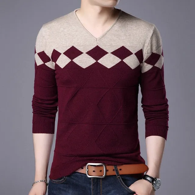 New Men Pullover Fashion V Neck Spring Autumn Slim Fit  Knit Patchwork Striped Sweater