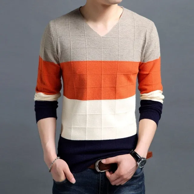 New Men Pullover Fashion V Neck Spring Autumn Slim Fit  Knit Patchwork Striped Sweater