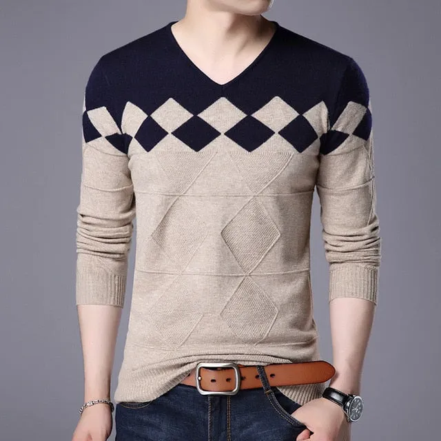New Men Pullover Fashion V Neck Spring Autumn Slim Fit  Knit Patchwork Striped Sweater