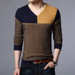 New Men Pullover Fashion V Neck Spring Autumn Slim Fit  Knit Patchwork Striped Sweater