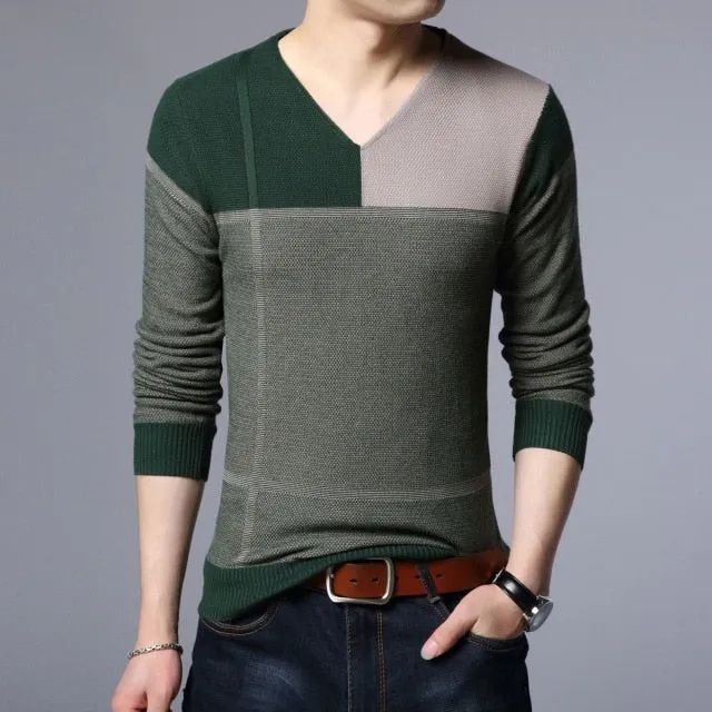 New Men Pullover Fashion V Neck Spring Autumn Slim Fit  Knit Patchwork Striped Sweater