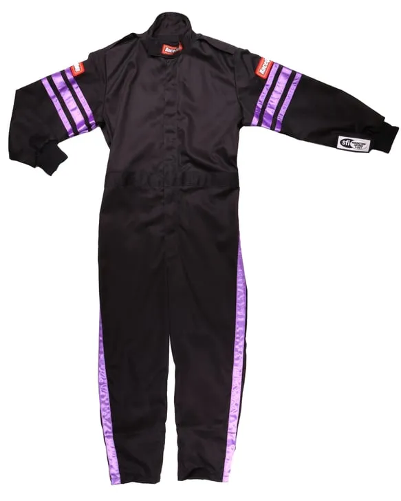 RaceQuip One Piece Single Layer Fire Suit - Black w/Purple Stripes - Kids Large - 1950595