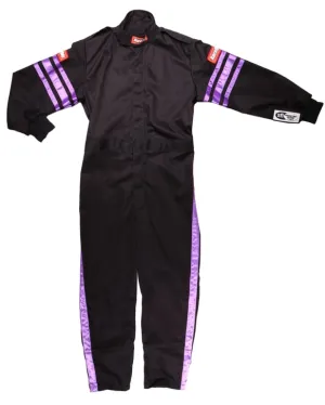 RaceQuip One Piece Single Layer Fire Suit - Black w/Purple Stripes - Kids Large - 1950595