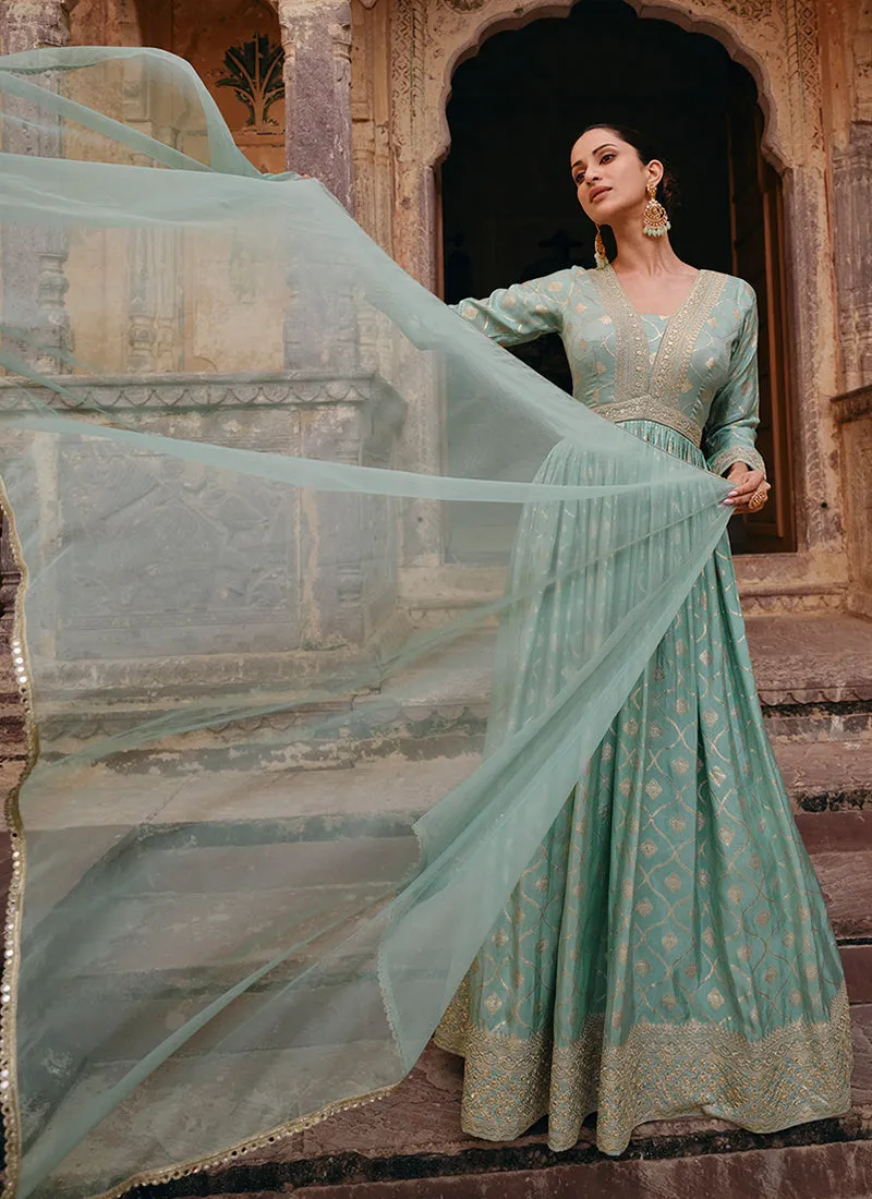 Sea Green Sequence Embroidery Jacquard Silk Anarkali Gown