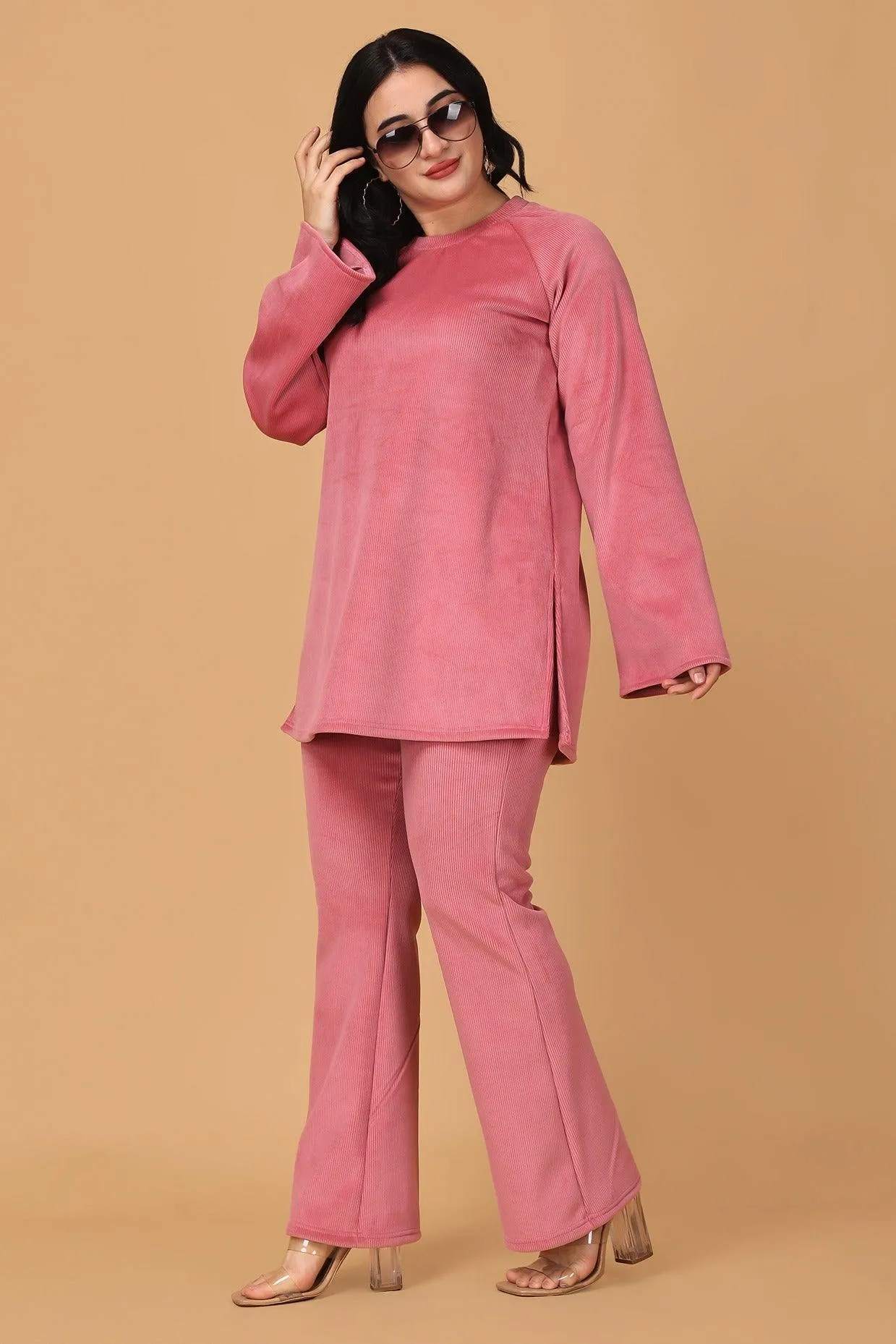 Solid Ribbed Knit Co-ord Set-Pink