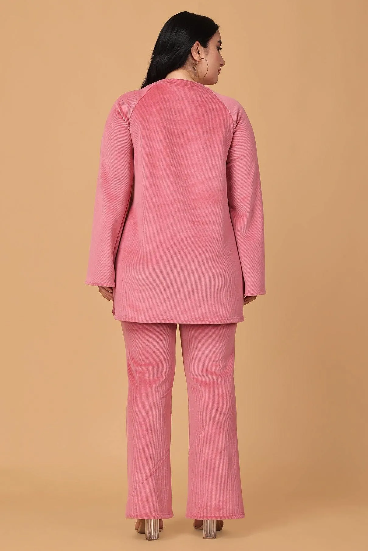 Solid Ribbed Knit Co-ord Set-Pink