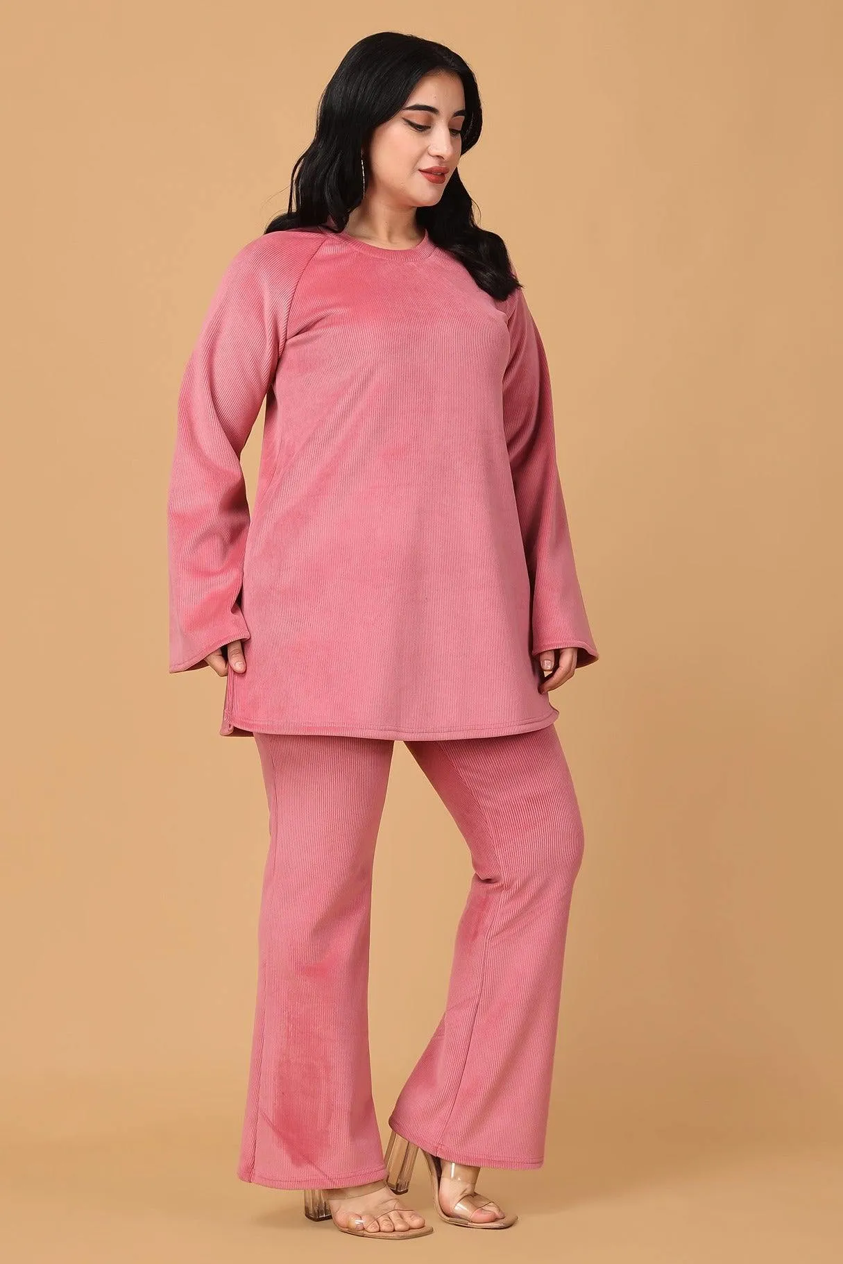 Solid Ribbed Knit Co-ord Set-Pink