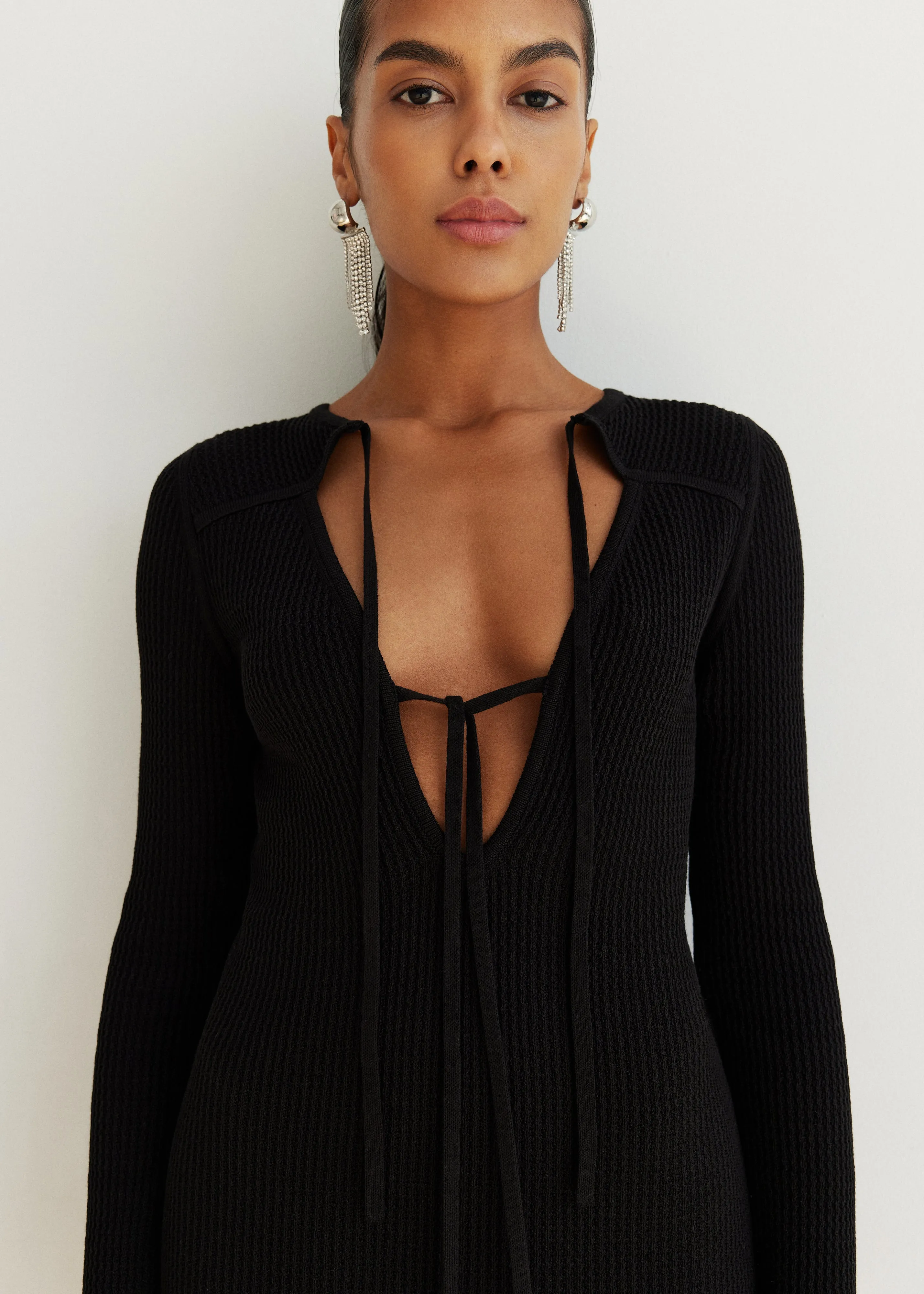 Stylish Knitted Black Mini Dress With Ties Melody