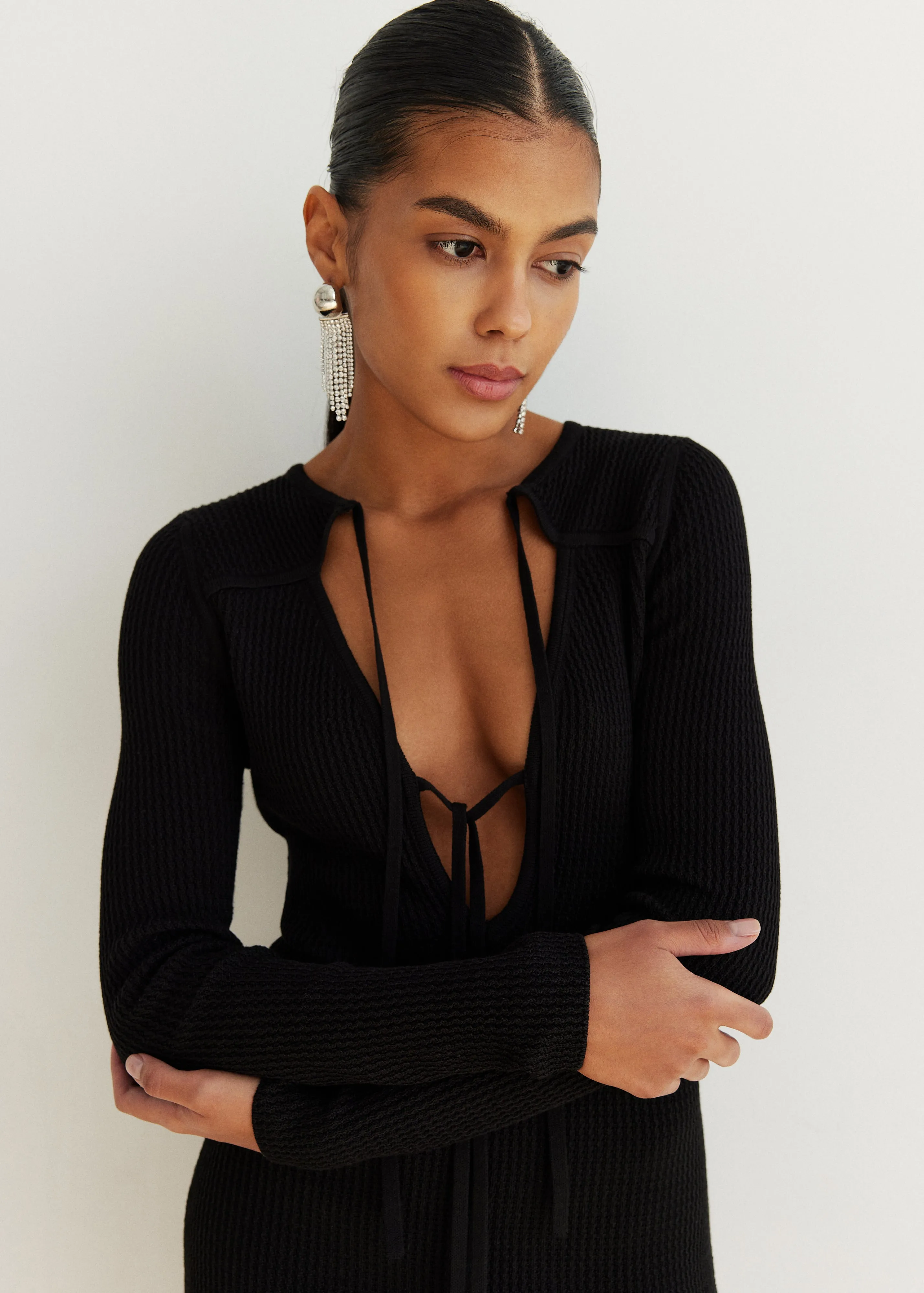 Stylish Knitted Black Mini Dress With Ties Melody