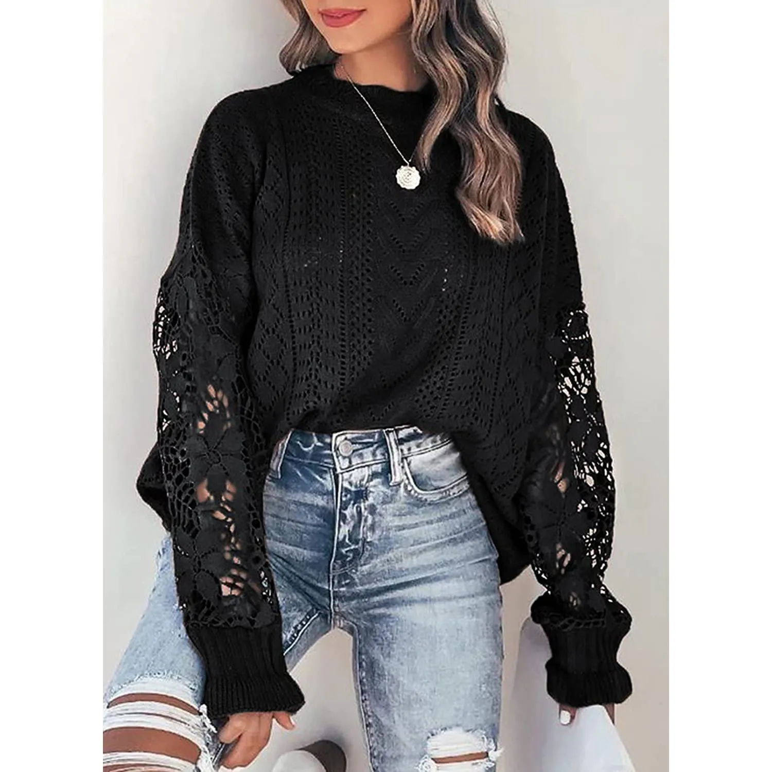 Women Lace Crew Neck Sweater