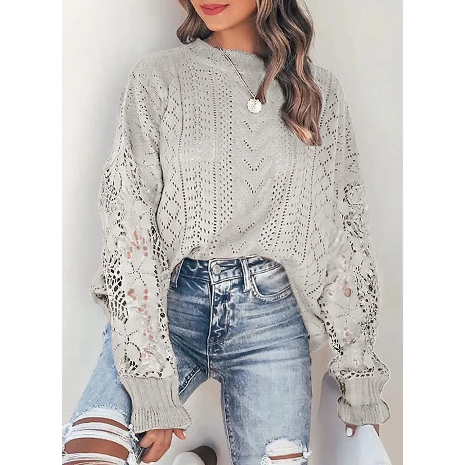 Women Lace Crew Neck Sweater