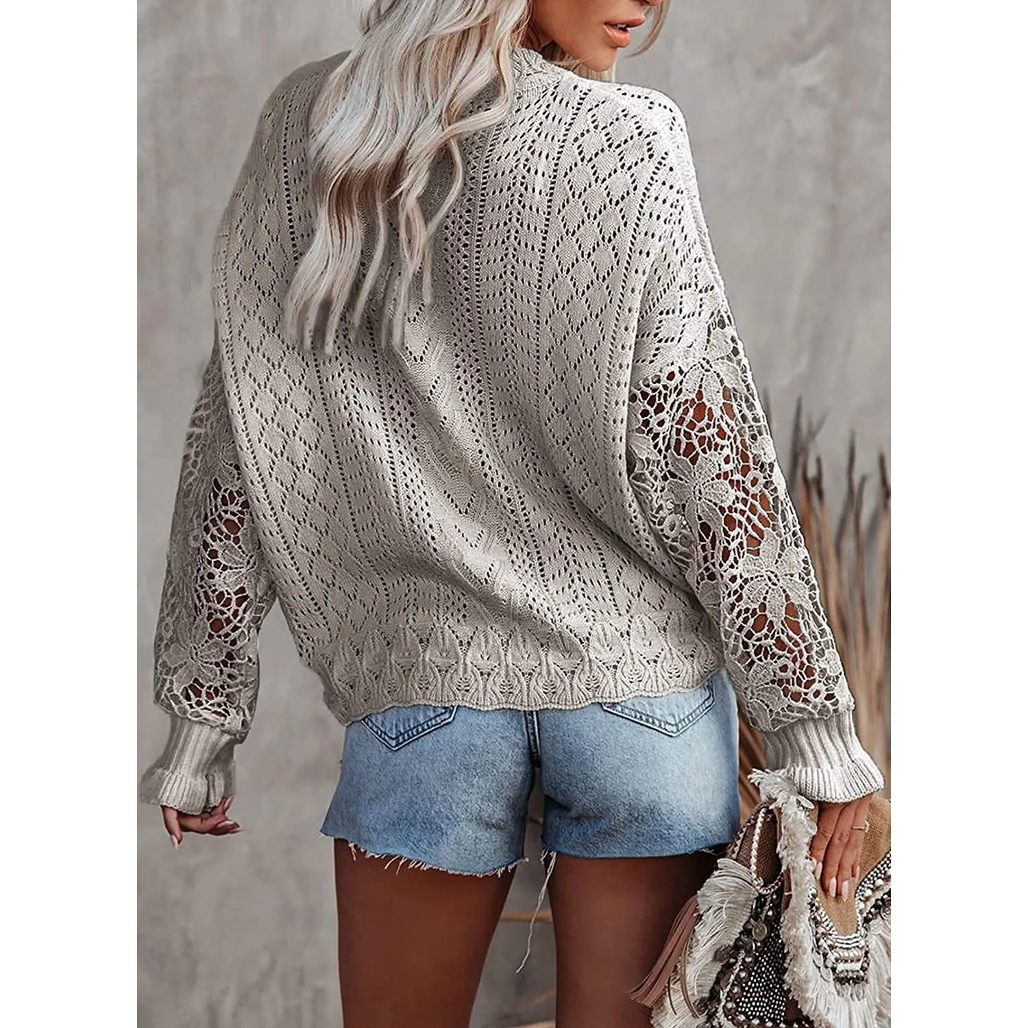 Women Lace Crew Neck Sweater